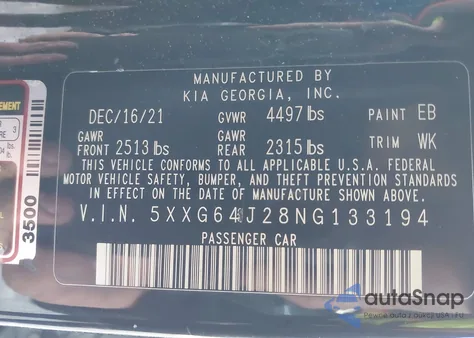 2022 Kia K5 Gt-Line z USA, uszkodzony, nr VIN 5XXG64J28NG133194